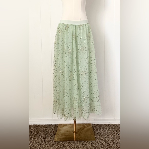 By Anthropologie Sydney Shimmer Tulle Midi Skirt Light Green Gold Glitter Large - Picture 8 of 12